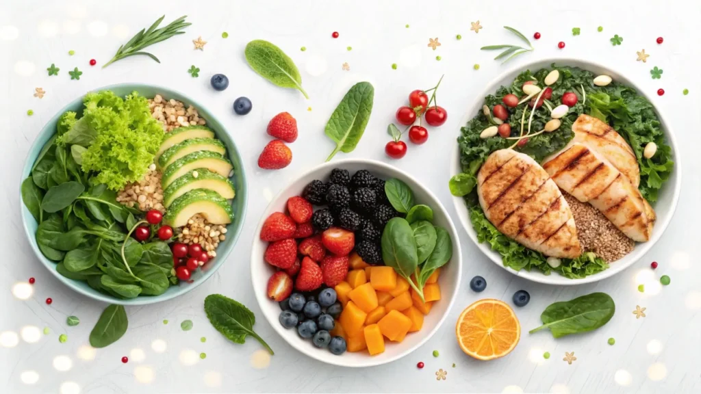 Colorful spread of fresh, healthy gluten-free foods including leafy greens, berries, grilled chicken, quinoa, and assorted fruits and vegetables with glowing light effects, symbolizing the vitality and benefits of a gluten free diet.