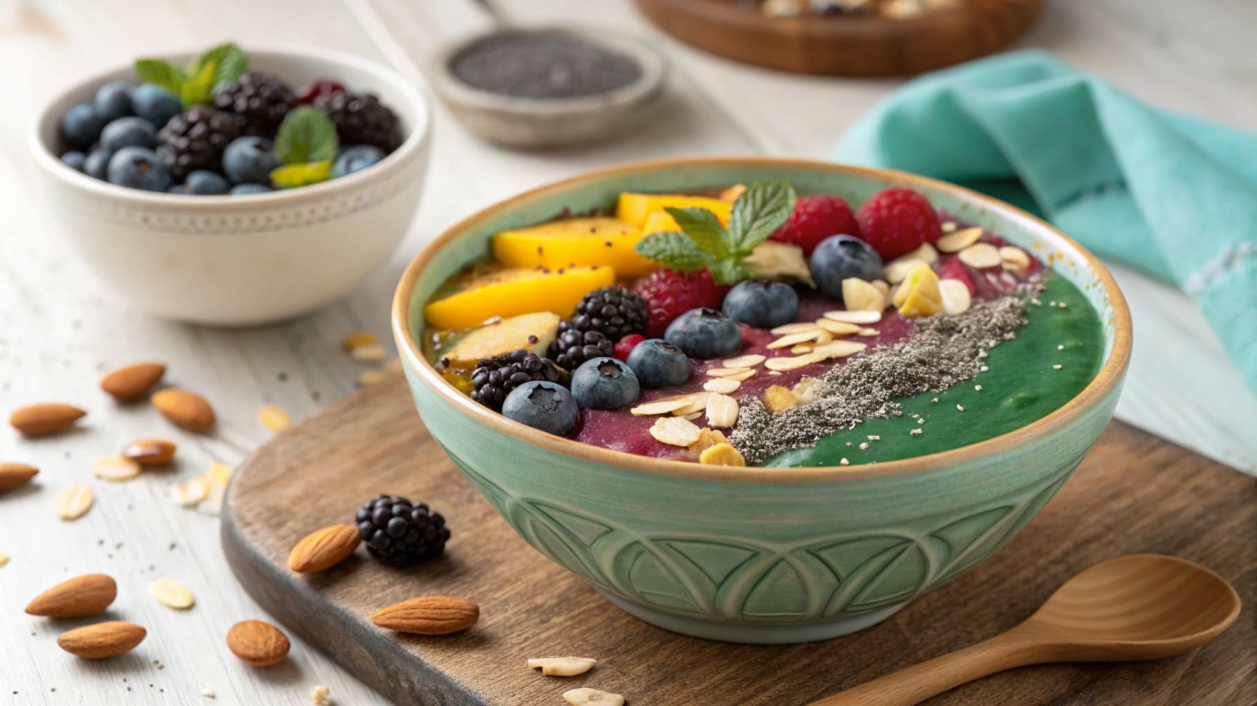 Selection of vibrant, nutrient-dense smoothies in glass jars, featuring fresh fruits, greens, seeds, and superfoods for a healthy energy boost. special diet recipes