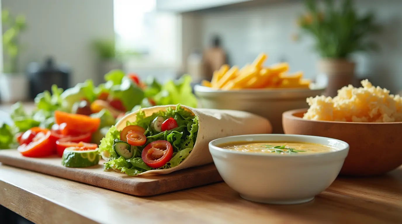 Gluten Free Lunch featuring a gluten free wrap, soup, fries, salad, and shredded cheese on a wooden board.