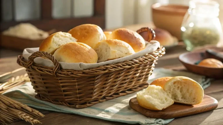 Best Gluten free dinner rolls Recipe: Basket of golden brown, soft gluten-free dinner rolls, with one roll torn open to show fluffy texture.