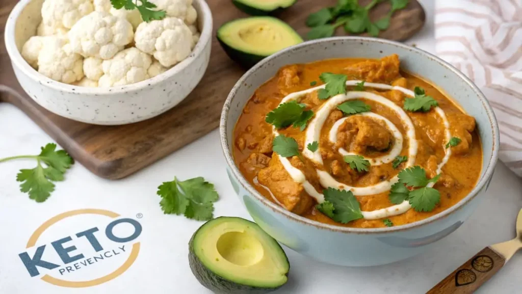Keto Butter Chicken in a bowl with cauliflower, avocado, and cilantro, showcasing a low-carb, store-bought option.