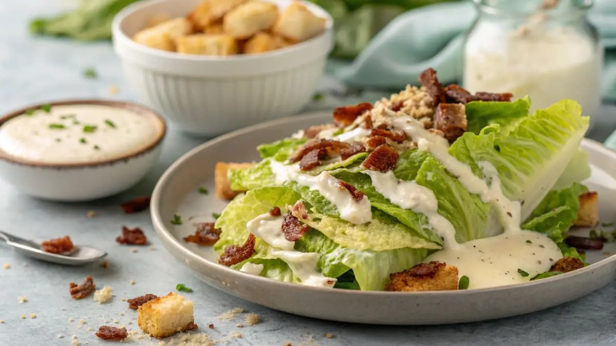 Delicious Keto Caesar Salad with creamy dressing, bacon, and romaine lettuce.