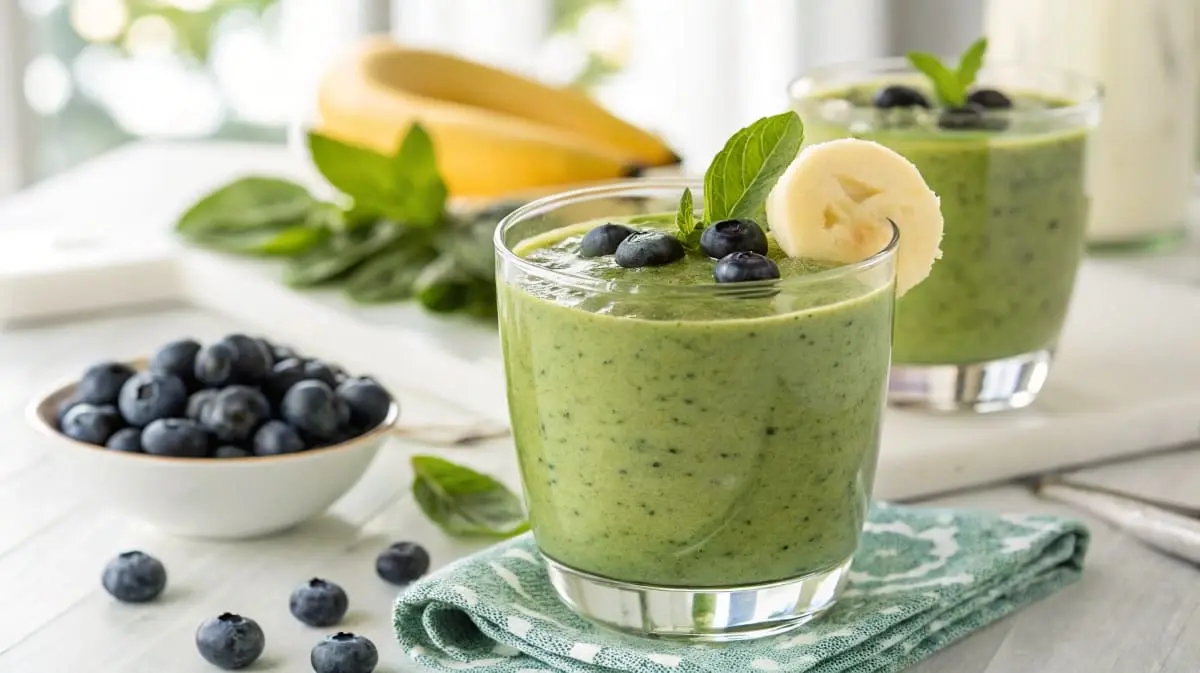 Fresh Blueberry Banana Spinach Smoothie in glasses, garnished with blueberries and banana slice.