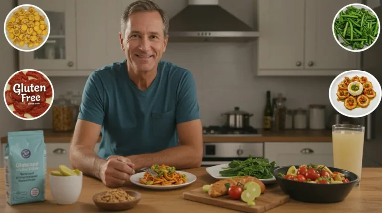Person smiling and enjoying a delicious gluten-free meal, representing living well with celiac disease.
