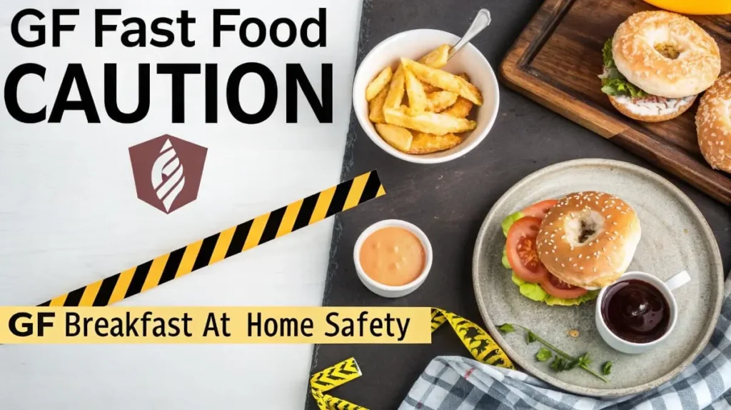 Quick & Gluten Free Fast Food Breakfast: Yes, It's Possible! 3 Gluten Free Fast Food Breakfast safety concept image with gluten-free bagels, fries, dipping sauce, caution tape, and text overlay emphasizing "GF Fast Food CAUTION" and "GF Breakfast At Home Safety".