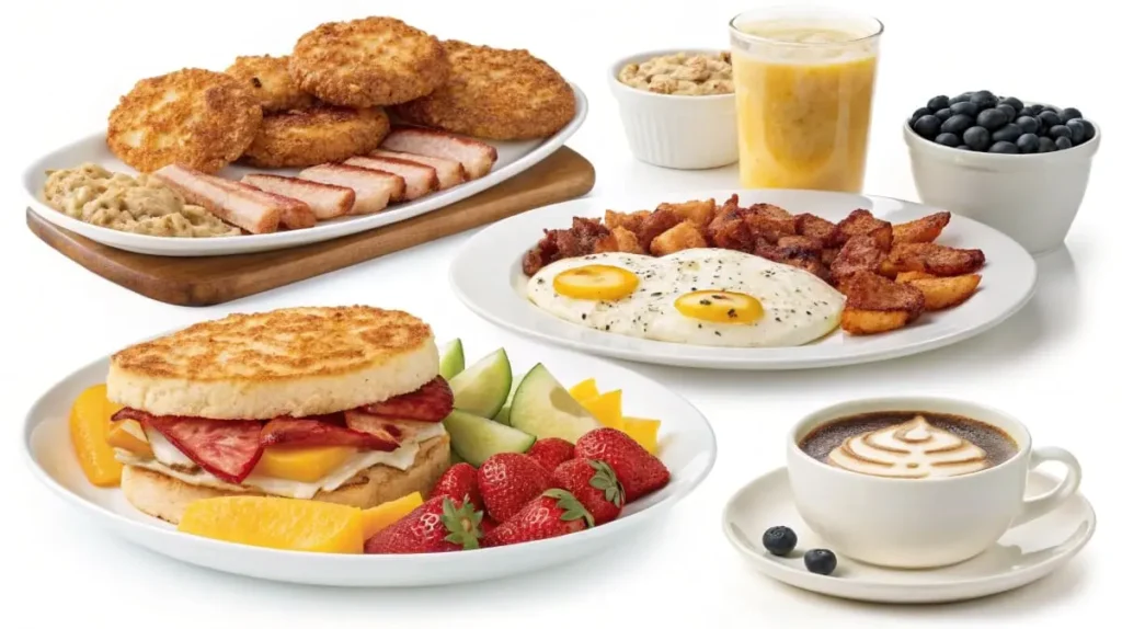 Quick & Gluten Free Fast Food Breakfast: Yes, It's Possible! 2 Gluten-Free Breakfast spread with eggs, bacon, gluten-free pancakes, hash browns, fresh fruit, smoothie, and coffee.