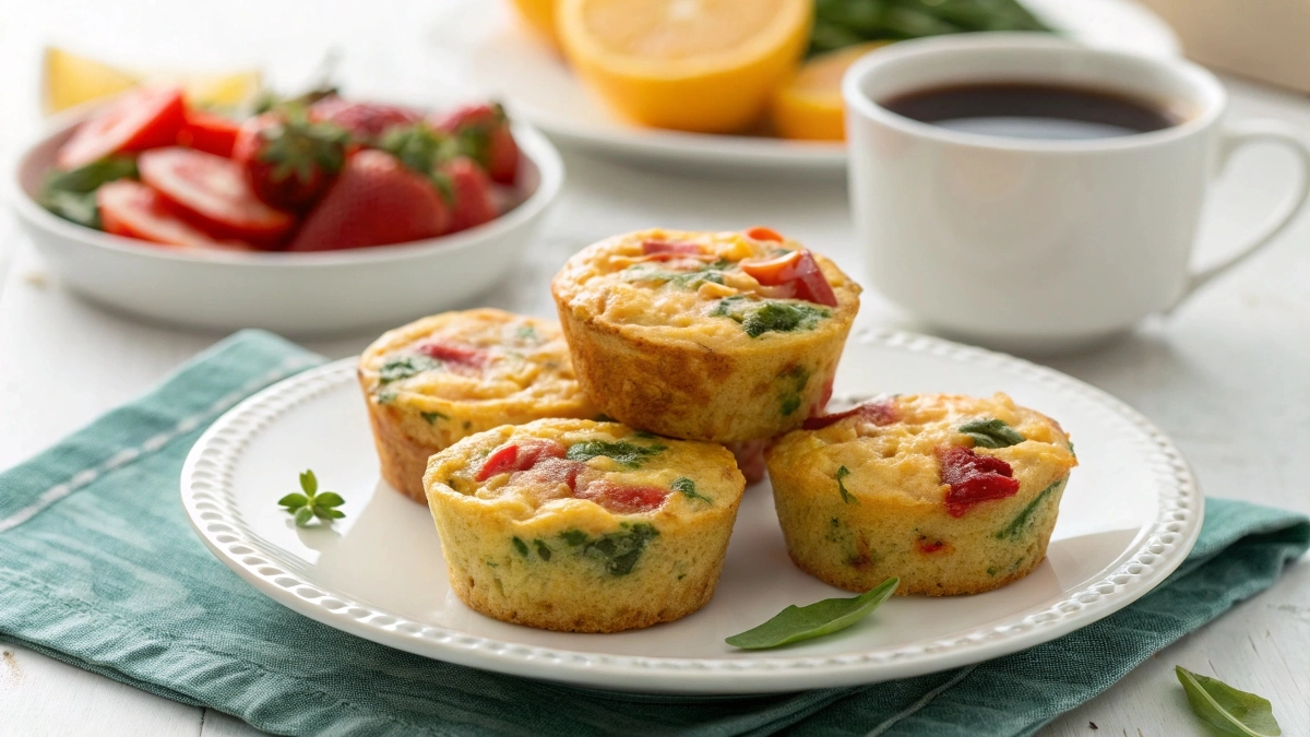 Delicious gluten-free frittata muffins on a white plate, ready for breakfast or brunch.
