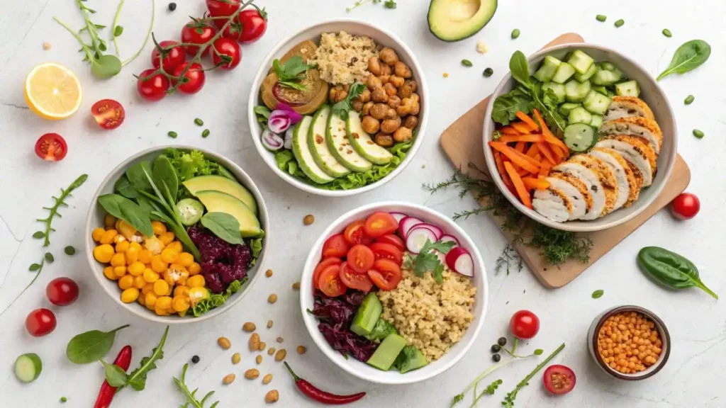 Four bowls showcasing a colorful and diverse Gluten Free Meal Plan, featuring fresh vegetables, grains, and proteins.