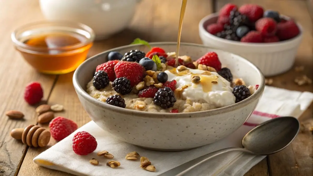 Close-up of Gluten Free Oatmeal with Berries in a rustic bowl, topped with fresh raspberries, blackberries, blueberries, nuts, and a drizzle of honey.