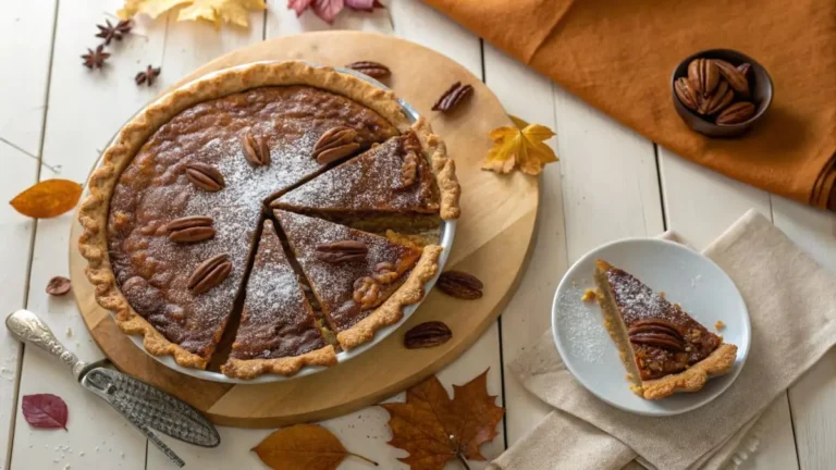 Delicious Gluten Free Pecan Pie Recipe, sliced and ready to serve, garnished with pecans and powdered sugar, with fall leaves for seasonal context.