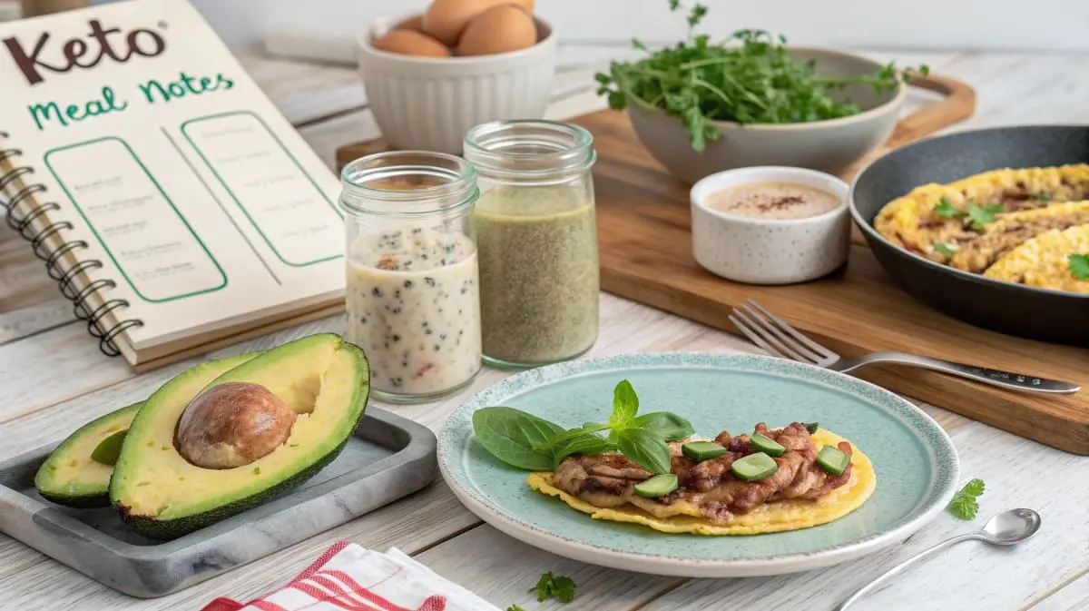 Various keto breakfast ideas including avocado eggs, chia seed pudding, almond flour pancakes, and a cup of black coffee on a wooden table.