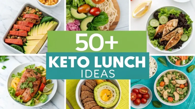 Get 50+ Keto Lunch Ideas: Deliciously Easy Low-Carb Meals for You. 6 Collage of diverse and colorful Keto Lunch Ideas, featuring bowls and containers with various keto-friendly ingredients. Text overlay reads "50+ KETO LUNCH IDEAS".