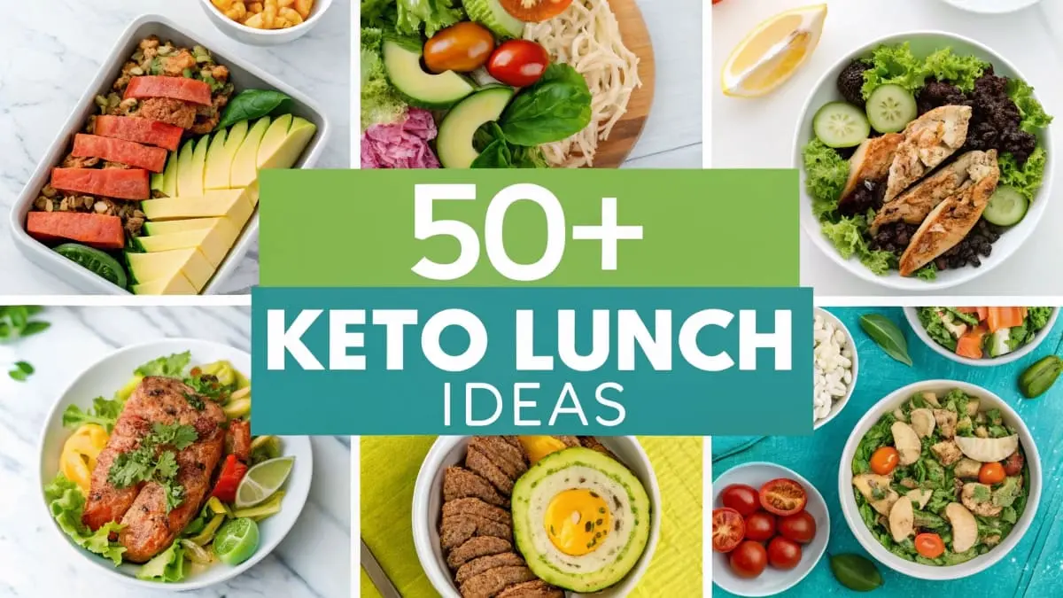 Collage of diverse and colorful Keto Lunch Ideas, featuring bowls and containers with various keto-friendly ingredients. Text overlay reads "50+ KETO LUNCH IDEAS".
