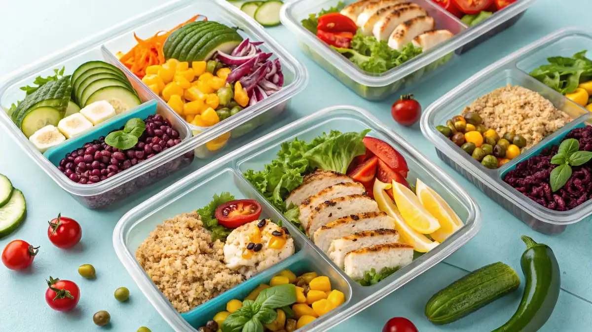 Meal Prep Containers filled with organized healthy meals including chicken, quinoa, vegetables, and beans, arranged on a blue surface.