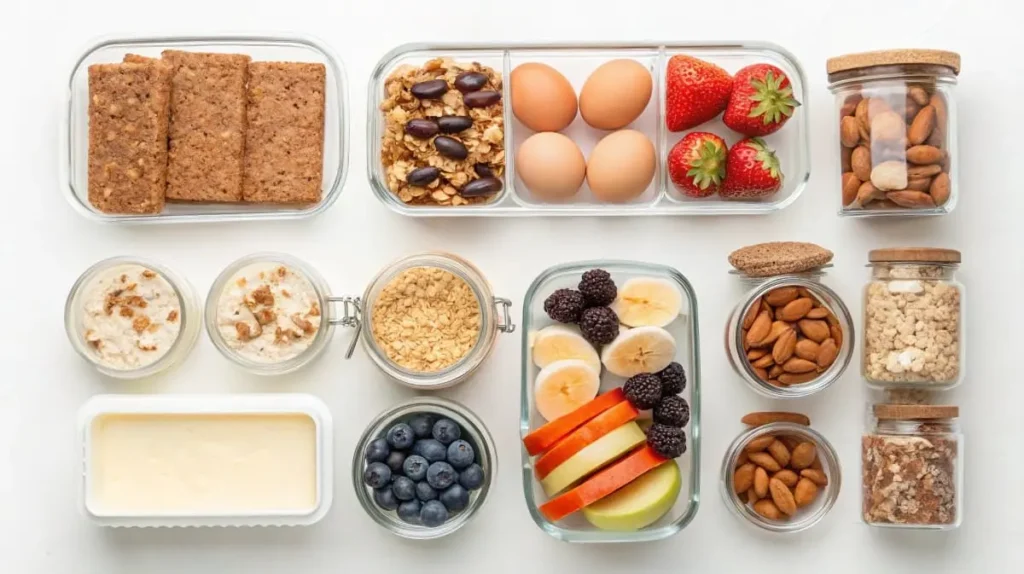 Quick & Gluten Free Fast Food Breakfast: Yes, It's Possible! 4 Easy Gluten-Free Breakfast Recipes meal prep image featuring containers of overnight oats, gluten-free granola bars with berries and banana, fresh berries, eggs, and nuts, showcasing simple and healthy gluten-free breakfast options.