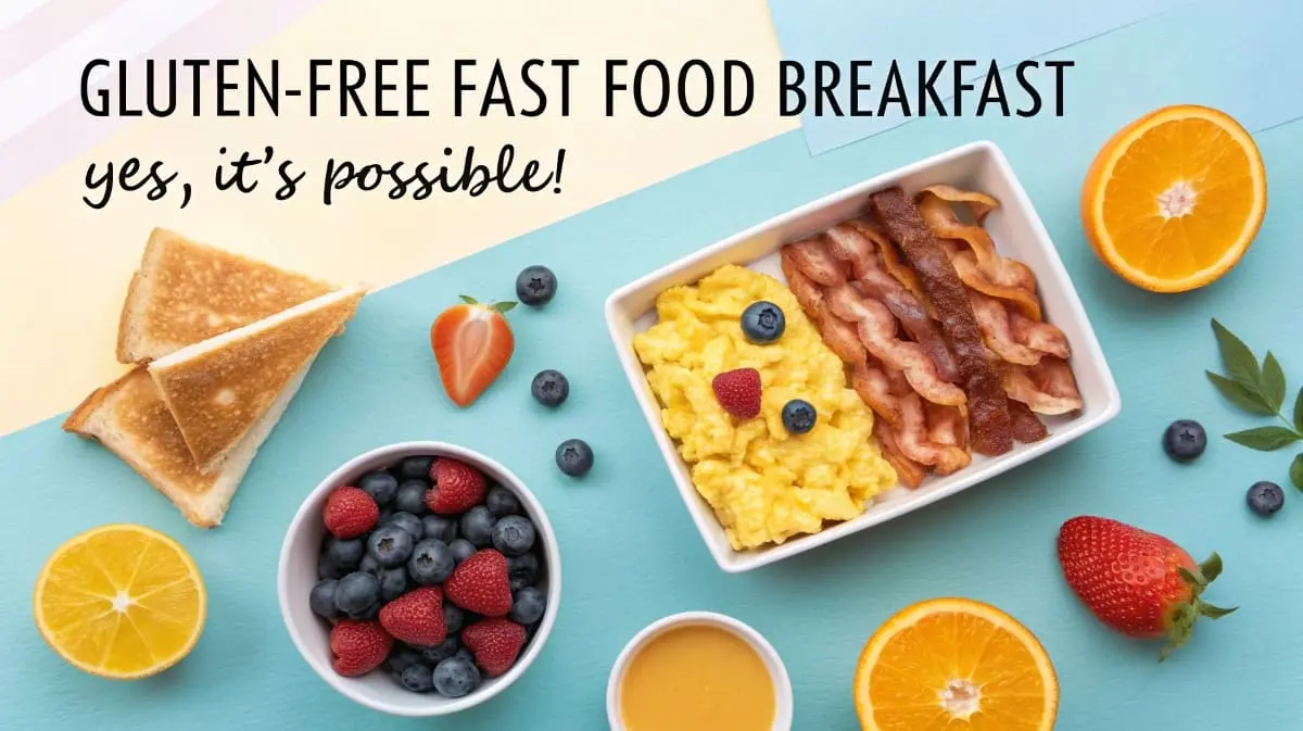 A colorful and vibrant gluten free fast food breakfast featuring scrambled eggs, crispy bacon, fresh blueberries, raspberries, strawberries, orange slices, and toast, perfect for a quick morning meal