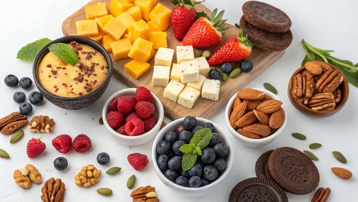 Variety of colorful keto snacks, both sweet and savory, arranged attractively on a surface.