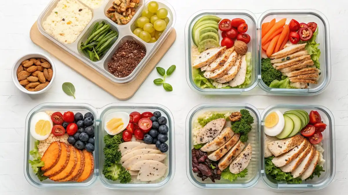 Keto lunch meal prep: Overhead view of several meal prep containers filled with keto-friendly lunches including chicken, avocado, vegetables, eggs, and nuts.