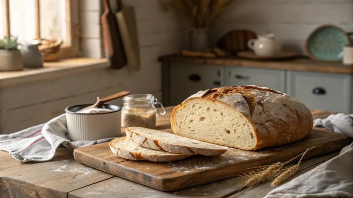 Close-up of a sliced gluten free sourdough bread loaf on a wooden cutting board in a rustic kitchen setting.