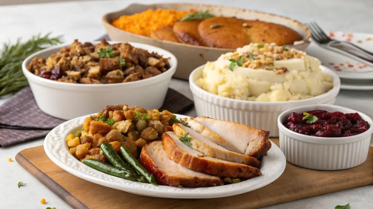 Gluten Free Thanksgiving Dishes: Image of a Thanksgiving dinner spread including gluten-free stuffing, turkey, mashed potatoes, sweet potato casserole, and cranberry sauce.