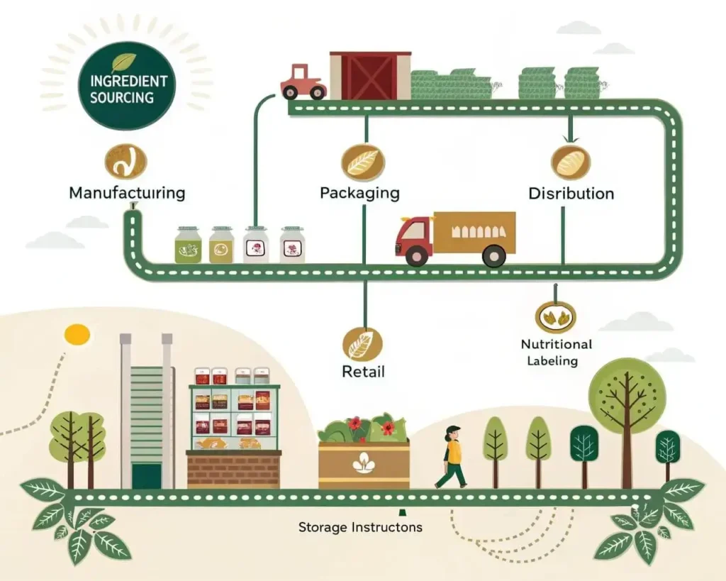 Gluten Free Grocery Shopping List: Your Essential Guide 3 Infographic showing the process of ingredient sourcing, manufacturing, packaging, distribution, and retail in food production