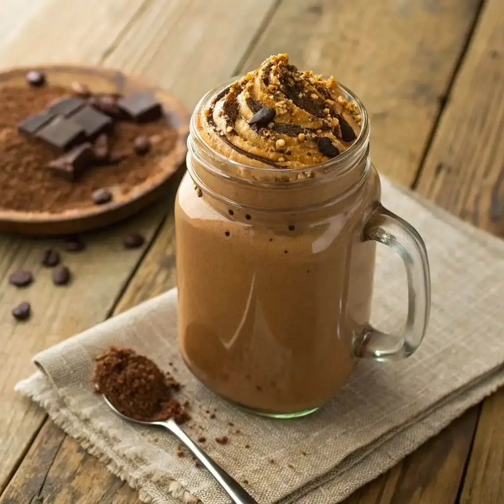 Keto Smoothie: How to Make 5 Creamy Blends for Weight Loss 5 Chocolate peanut butter smoothie in a mason jar with cocoa powder and peanut butter
