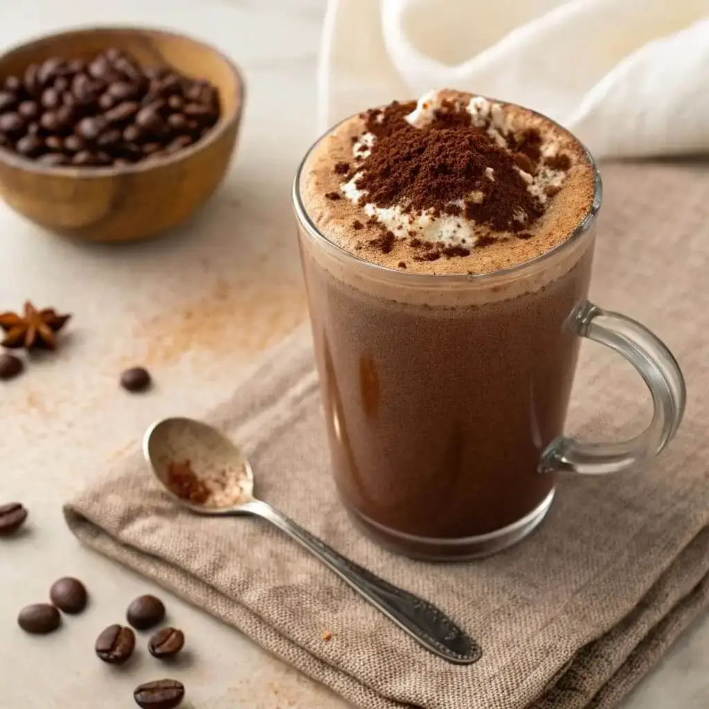 Keto Smoothie: How to Make 5 Creamy Blends for Weight Loss 7 Creamy coffee keto smoothie in a coffee cup with cocoa powder on top