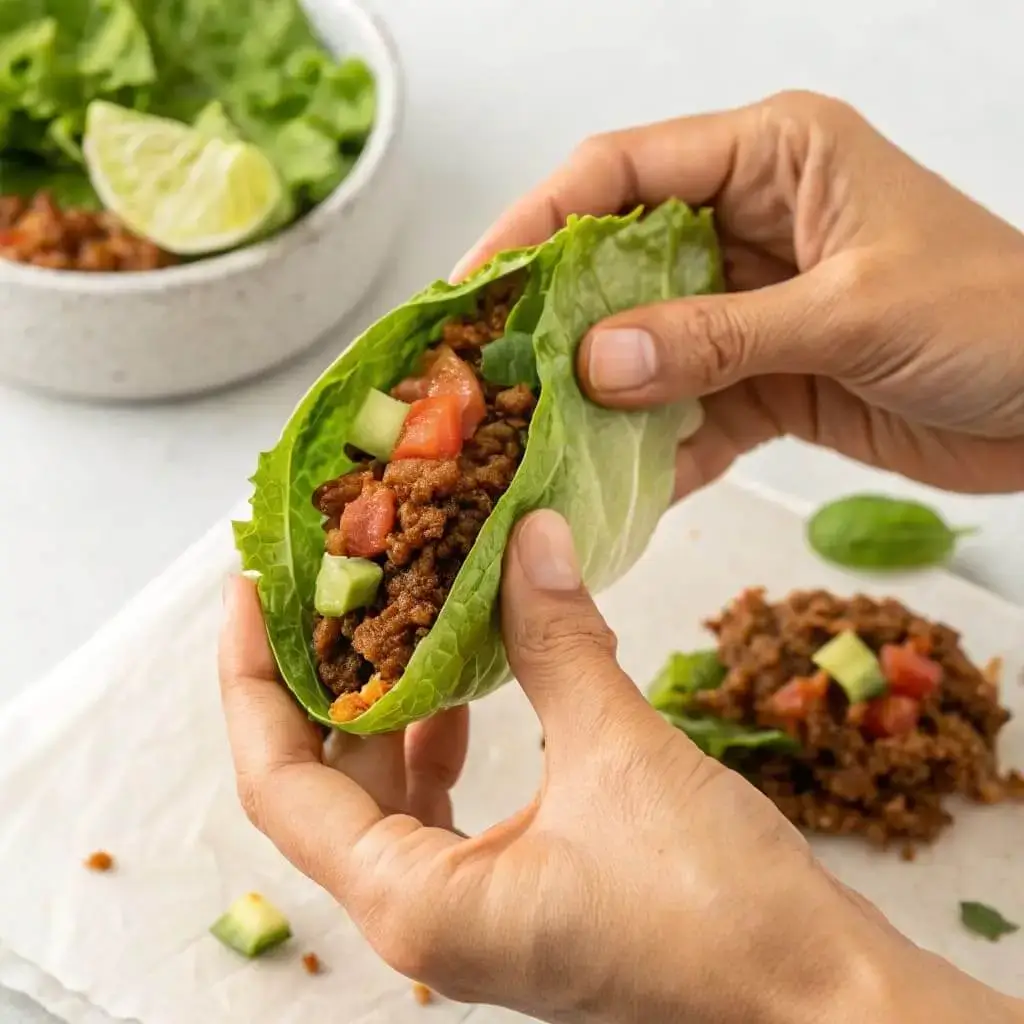 The Easy & Best Ground Beef Taco Lettuce Wraps Ever 5 Holding a delicious Ground Beef Taco Lettuce Wrap ready to be eaten