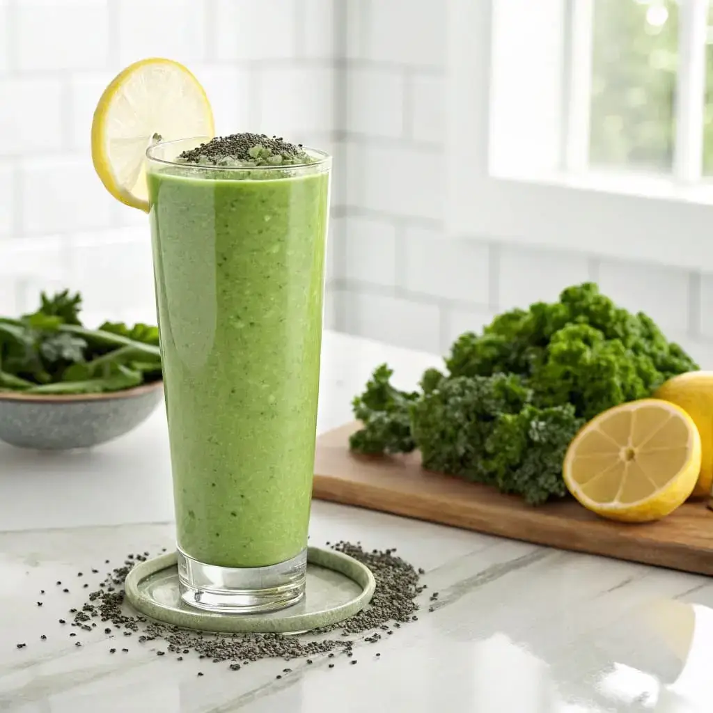 Keto Smoothie: How to Make 5 Creamy Blends for Weight Loss 6 Green keto smoothie in a tall glass garnished with a lemon slice
