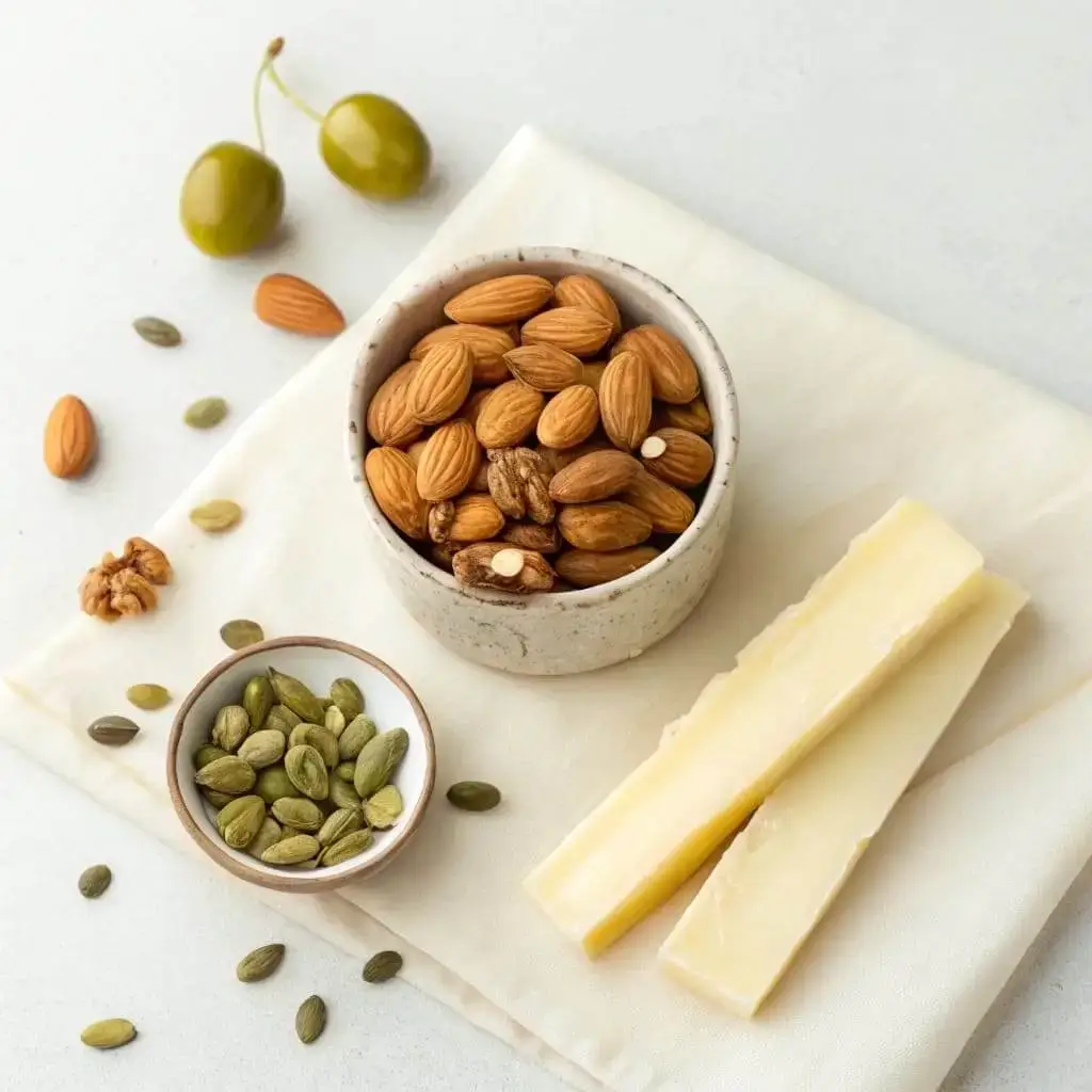 Easy Keto Meals on a Budget: Your Ultimate Guide 4 Simple and cheap keto snacks: a bowl of mixed nuts and seeds, cheese sticks, and olives, perfect for a budget-friendly keto diet.