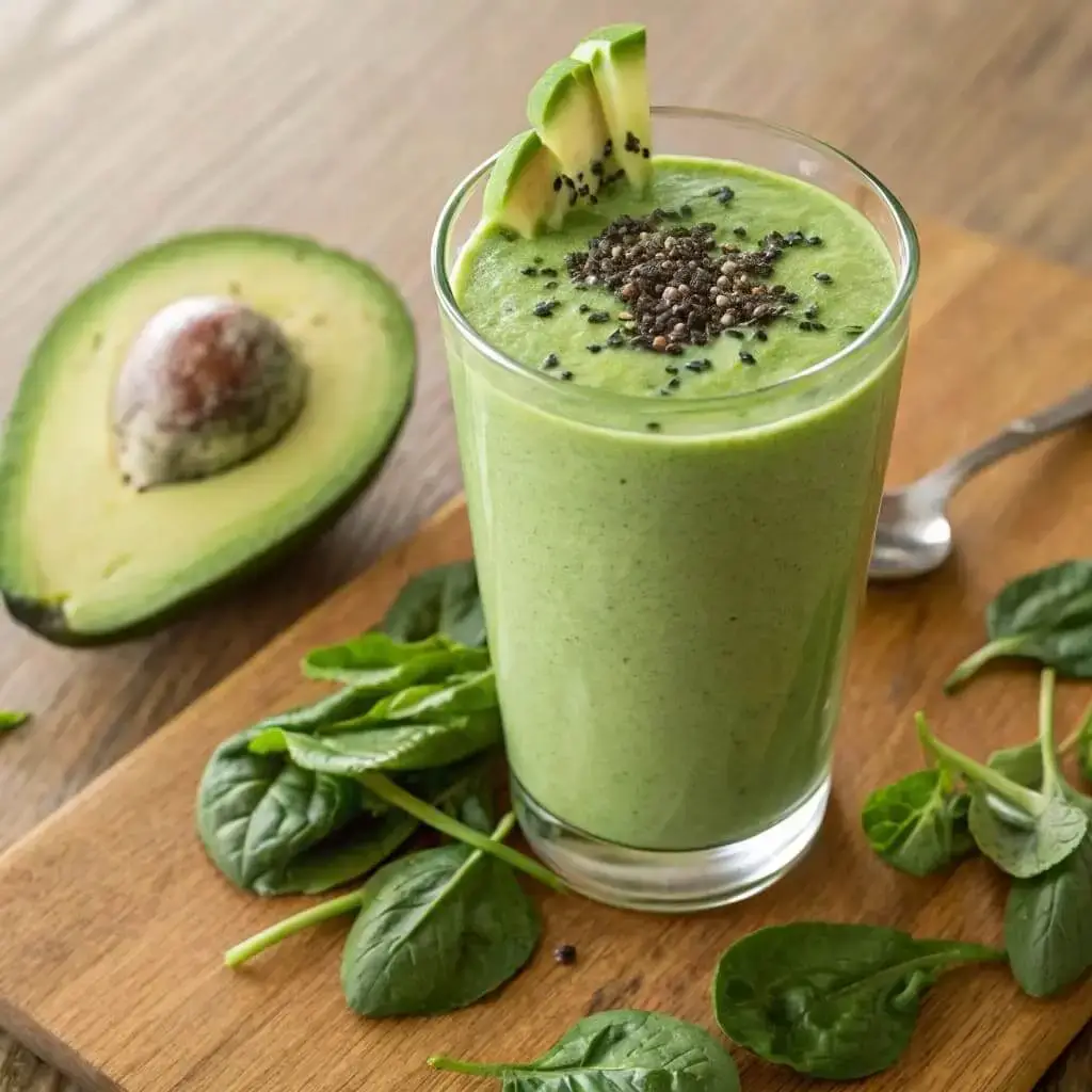 Keto Smoothie: How to Make 5 Creamy Blends for Weight Loss 3 Avocado spinach smoothie in a clear glass with avocado slice and chia seeds.