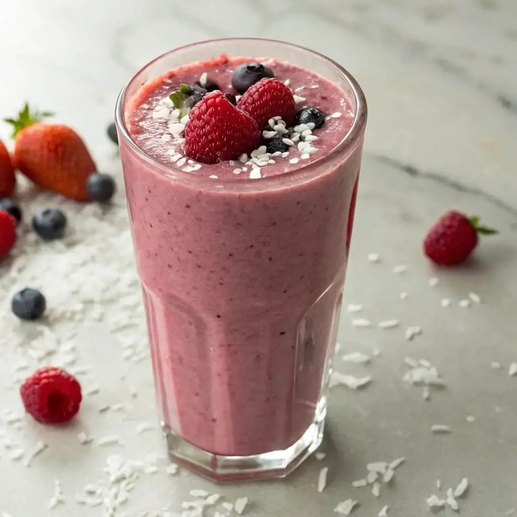 Keto Smoothie: How to Make 5 Creamy Blends for Weight Loss 4 Berry coconut smoothie in a clear glass garnished with fresh berries