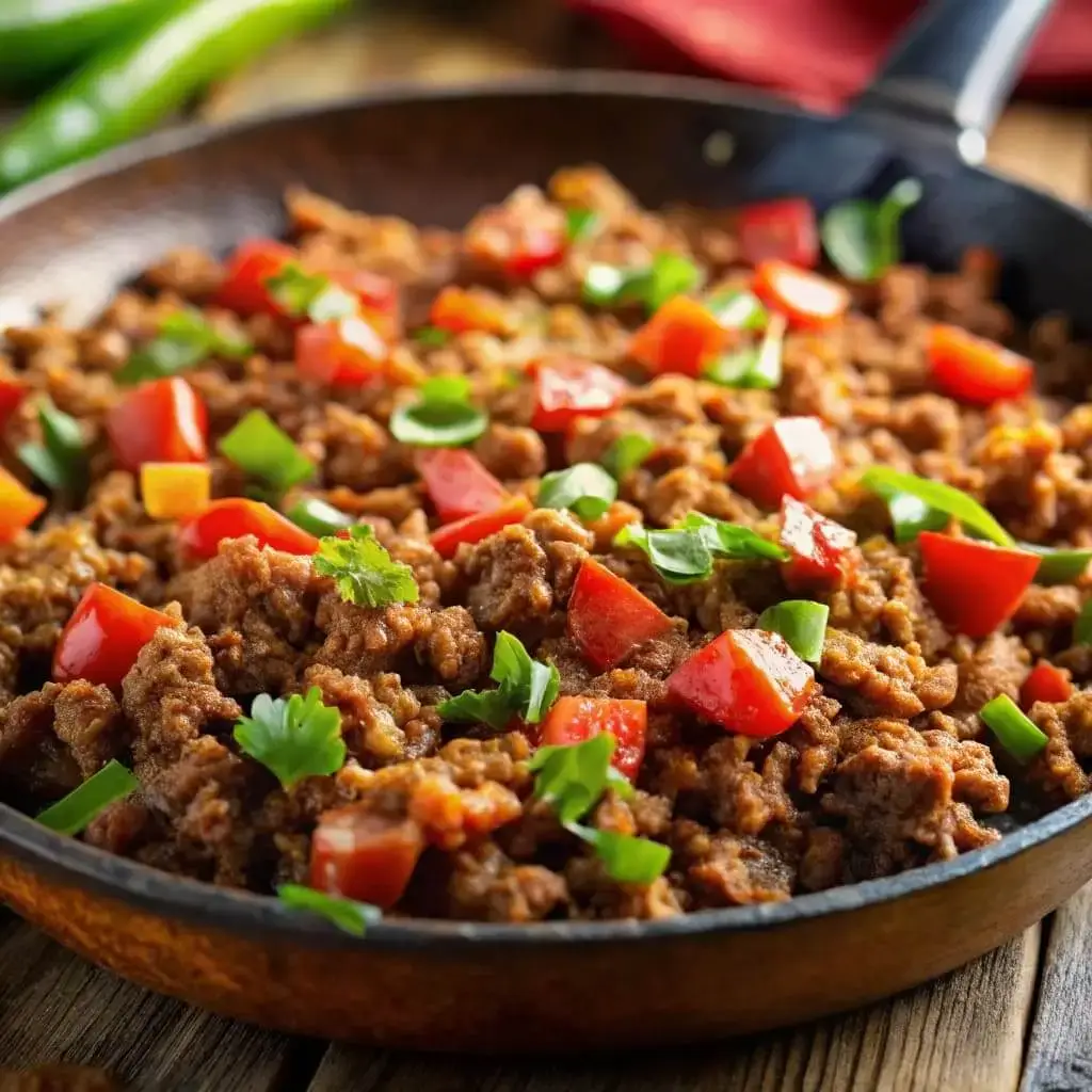 The Easy & Best Ground Beef Taco Lettuce Wraps Ever 4 Savory ground beef taco meat simmering with spices in a skillet