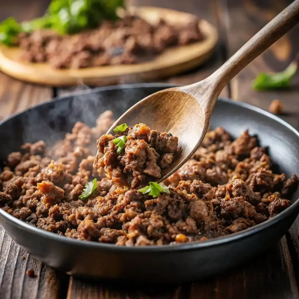 The Easy & Best Ground Beef Taco Lettuce Wraps Ever 3 Draining excess fat from cooked ground beef in a skillet