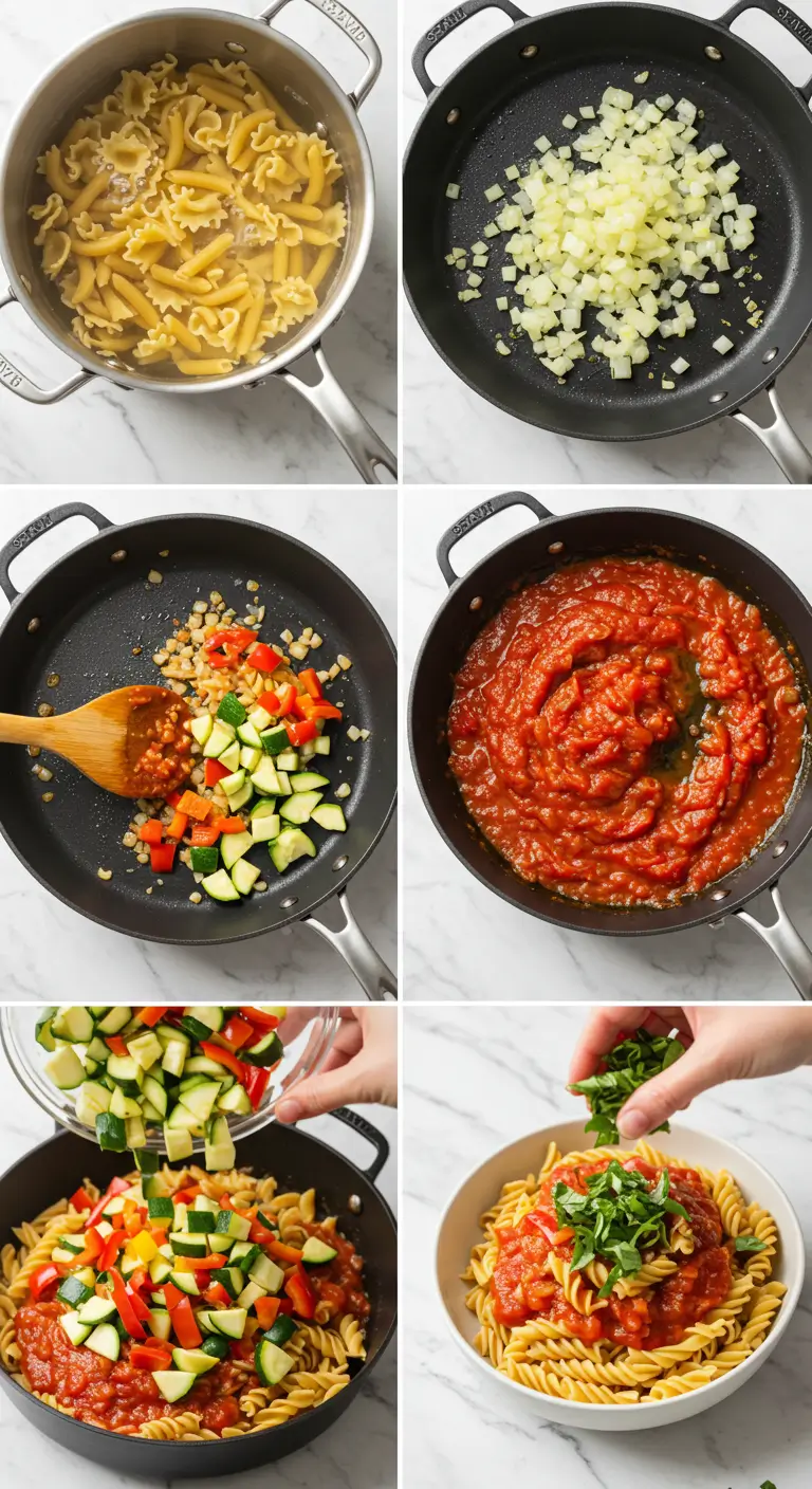 The Best Gluten Free Pasta with Marinara & Veggies Ever 3 A collage showing six key steps of making gluten-free pasta
