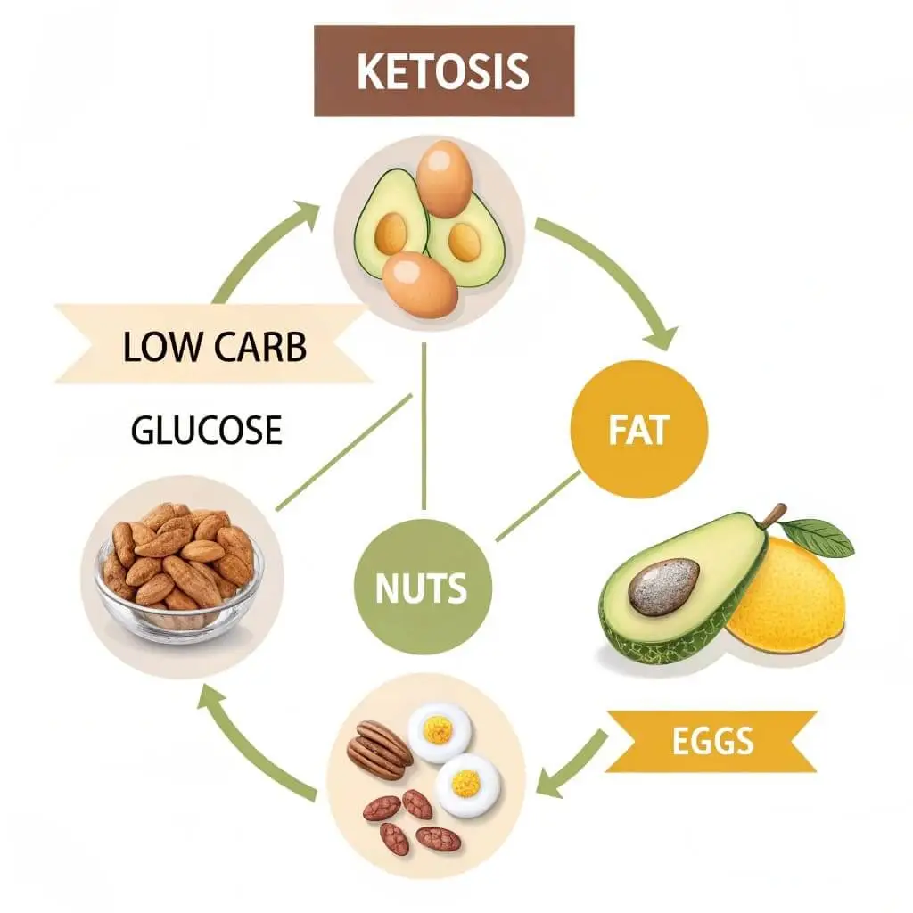 7-Day Keto Meal Plan for Beginners 3 Diagram for Understanding the Ketogenic Diet, showing how low carb intake from fat, eggs, and nuts leads to ketosis.