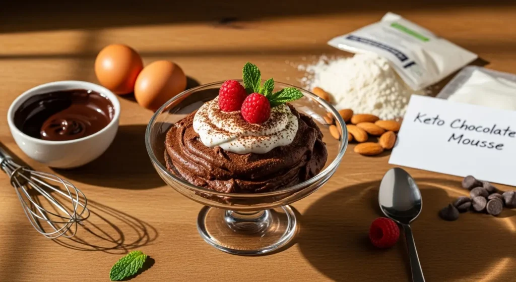 The Ultimate Guide to Keto Chocolate Mousse: 3 Chef-Approved Low-Carb Recipes 2 Keto chocolate mousse recipe ingredients and finished dessert with raspberries.