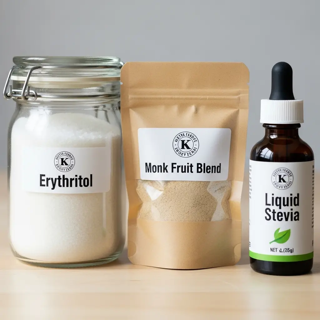 The Ultimate Guide to Keto Chocolate Mousse: 3 Chef-Approved Low-Carb Recipes 3 Sugar-free sweeteners: Erythritol, Monk Fruit Blend, and Liquid Stevia in containers.