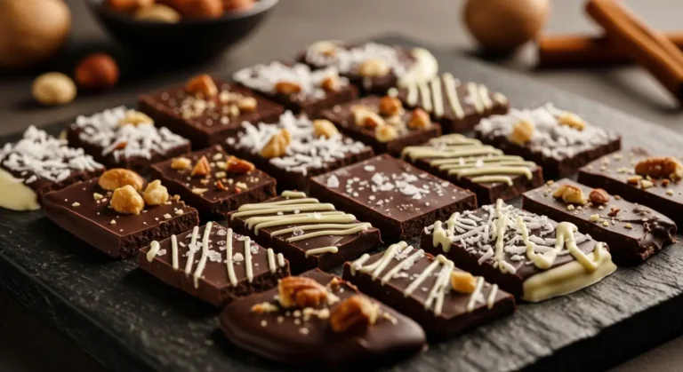 Low-Carb Chocolate Bark Recipes: Easy, Guilt-Free Keto Treats You’ll Love 11 Assortment of decorated low-carb chocolate bark squares with nuts and coconut.